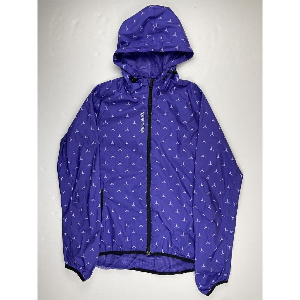 Reebok Hooded Windbreaker Jacket Women’s S Logo Allover Print Full Zip Vent Back